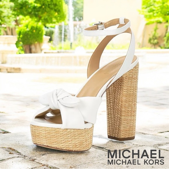 MICHAEL Michael Kors SADIE Leather Bow Platform Sandals Optic White - Picture 1 of 12